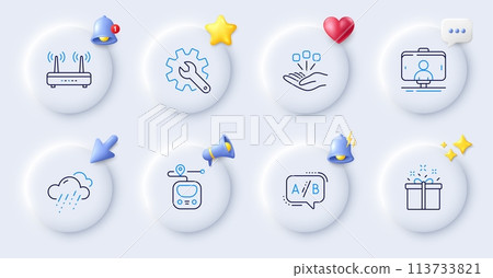 Wifi, Ab testing and Selfie stick line icons. Buttons with 3d bell, chat speech, cursor. Pack of Metro, Consolidation, Special offer icon. Customisation, Rainy weather pictogram. Vector 113733821
