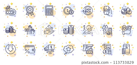 Outline set of Loyalty award, Check investment and Currency line icons for web app. Include Bitcoin, Bid offer, Cash transit pictogram icons. Contactless payment, Cashback, Accounting signs. Vector Outline set of Loyalty award, Check investment and Currency line icons for web app. Include Bitcoin, Bid offer, Cash transit pictogram icons. Contactless payment, Cashback, Accounting signs. Vector 113733829