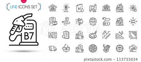 Pack of Charging station, Inspect and Diesel canister line icons. Include Parcel checklist, Innovation, Truck delivery pictogram icons. Co2 gas, Triangle area, Battery signs. Vector 113733834