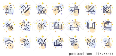 Outline set of Inventory cart, Square meter and Push cart line icons for web app. Include Night city, Green energy, Get box pictogram icons. Car wash, Fuel price, Stairs signs. Buildings. Vector 113733853