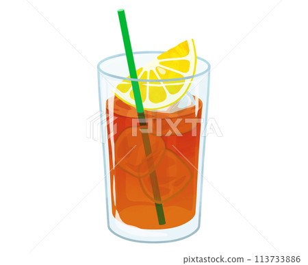 Iced lemon tea with a green straw 113733886
