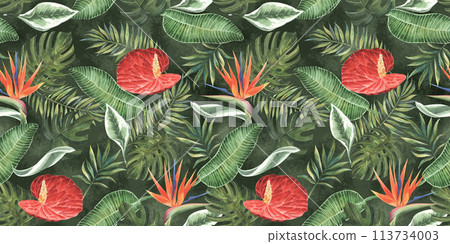 Anthurium and strelitzia seamless pattern. Large red, orange, pink, flowers and green leaves on white background. Square design for fabric, wallpaper, scrapbook, wrap, invitation cards. Anthurium and strelitzia seamless pattern. Large red, orange, pink, flowers and green leaves on white background. Square design for fabric, wallpaper, scrapbook, wrap, invitation cards. 113734003