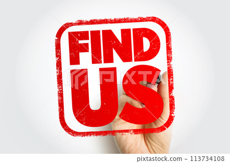 Find Us text stamp, concept background Find Us text stamp, concept background 113734108