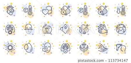 Outline set of Low thermometer, Vaccine protection and Electronic thermometer line icons for web app. Include Lungs, Medical mask, Wash hands pictogram icons. Skin care. Circles with 3d stars. Vector 113734147