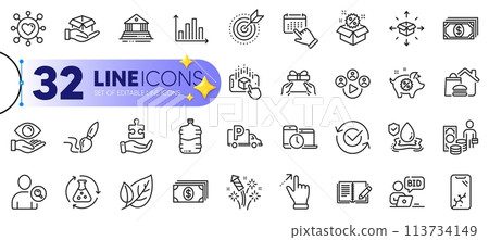 Outline set of Flood insurance, Event click and Court building line icons for web with Approved, Chemistry experiment, Puzzle thin icon. Target purpose, Payment. Design with yellow 3d stars. Vector 113734149