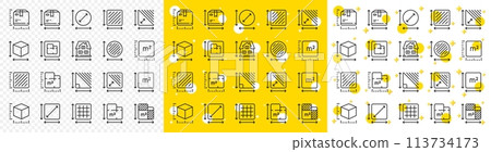 Square meter, Area size and Floor plan set. Dimension line icons. Box size dimension, room space and perimeter line icons. Post office package sizes, square area and triangle corner. Vector 113734173