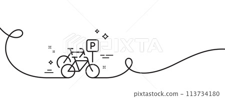 Bicycle parking line icon. Continuous one line with curl. City bike transport sign. Outdoor transportation symbol. Bicycle parking single outline ribbon. Loop curve pattern. Vector Bicycle parking line icon. Continuous one line with curl. City bike transport sign. Outdoor transportation symbol. Bicycle parking single outline ribbon. Loop curve pattern. Vector 113734180