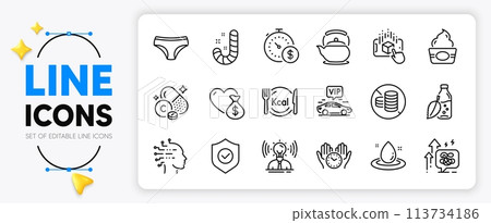Water bottle, Fuel energy and Safe time line icons set for app include Calories, Vitamin c, Ice cream outline thin icon. Panties, Donation, Brand pictogram icon. No cash, Stress grows. Vector Water bottle, Fuel energy and Safe time line icons set for app include Calories, Vitamin c, Ice cream outline thin icon. Panties, Donation, Brand pictogram icon. No cash, Stress grows. Vector 113734186