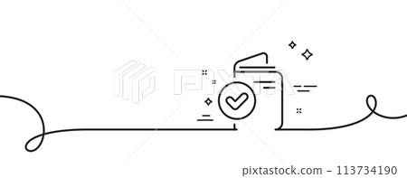 Verification document line icon. Continuous one line with curl. Accepted passport sign. Approved symbol. Verification document single outline ribbon. Loop curve pattern. Vector 113734190