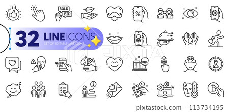 Outline set of Checklist, Lips and Bid offer line icons for web with Health eye, Safe water, People communication thin icon. Cyber attack, Online job, Dont touch pictogram icon. Vector Outline set of Checklist, Lips and Bid offer line icons for web with Health eye, Safe water, People communication thin icon. Cyber attack, Online job, Dont touch pictogram icon. Vector 113734195