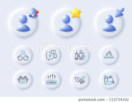 Leaves, Juice and Stress grows line icons. Placeholder with 3d cursor, bell, star. Pack of Skin care, Stress, Medical vaccination icon. Sunglasses, Medical tablet pictogram. Vector 113734202