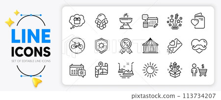 Map, Ice cream and Buyer line icons set for app include Fireworks stars, Account, Father day outline thin icon. Carousels, Bicycle prohibited, Fireworks rocket pictogram icon. Vector Map, Ice cream and Buyer line icons set for app include Fireworks stars, Account, Father day outline thin icon. Carousels, Bicycle prohibited, Fireworks rocket pictogram icon. Vector 113734207