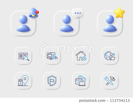 Online payment, Search text and Loan house line icons. Placeholder with 3d star, reminder bell, chat. Pack of Software, Outsource work, Charging station icon. Shield, Spanner tool pictogram. Vector Online payment, Search text and Loan house line icons. Placeholder with 3d star, reminder bell, chat. Pack of Software, Outsource work, Charging station icon. Shield, Spanner tool pictogram. Vector 113734213