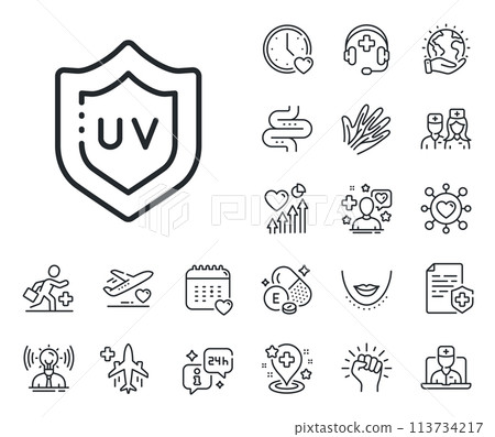 Skin care sign. Online doctor, patient and medicine outline icons. Uv protection cream line icon. Cosmetic lotion symbol. Uv protection line sign. Veins, nerves and cosmetic procedure icon. Vector Skin care sign. Online doctor, patient and medicine outline icons. Uv protection cream line icon. Cosmetic lotion symbol. Uv protection line sign. Veins, nerves and cosmetic procedure icon. Vector 113734217