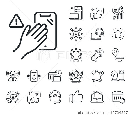 Hand warning sign. Place location, technology and smart speaker outline icons. Dont touch phone line icon. Hygiene notification symbol. Dont touch line sign. Influencer, brand ambassador icon. Vector 113734227