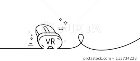 Vr line icon. Continuous one line with curl. Virtual reality sign. Ar simulator goggles symbol. Vr single outline ribbon. Loop curve pattern. Vector Vr line icon. Continuous one line with curl. Virtual reality sign. Ar simulator goggles symbol. Vr single outline ribbon. Loop curve pattern. Vector 113734228