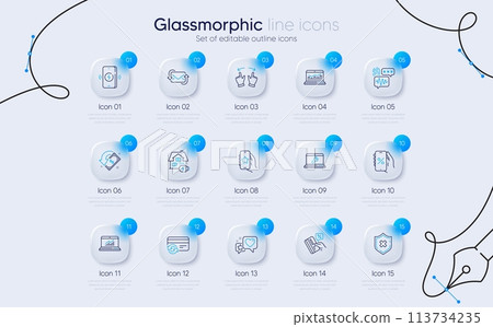 Set of Favorite app, Biometric security and Credit card line icons for web app. Wireless charging, Cashback, Home charging icons. Change card, Reject protection, Laptop repair signs. Vector 113734235
