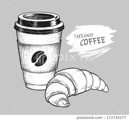 Takeaway Coffee paper cup with Croissant Takeaway Coffee paper cup with Croissant 113734277