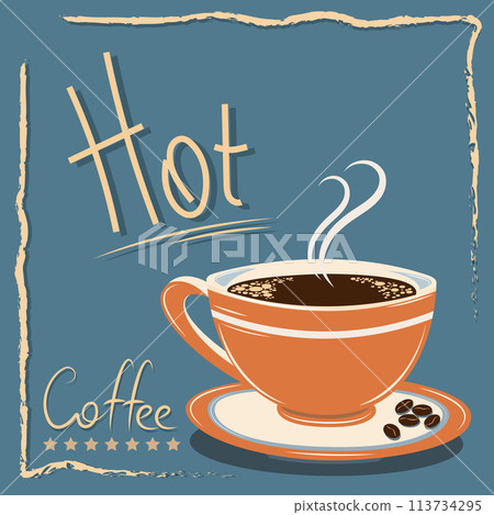 Hot coffee cup on a gray-blue with lettering Hot coffee cup on a gray-blue with lettering 113734295