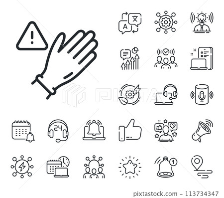 Hand warning sign. Place location, technology and smart speaker outline icons. Dont touch without gloves line icon. Hygiene notification symbol. Use gloves line sign. Vector Hand warning sign. Place location, technology and smart speaker outline icons. Dont touch without gloves line icon. Hygiene notification symbol. Use gloves line sign. Vector 113734347