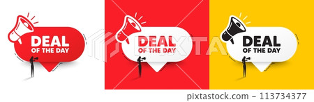 Deal of the day tag. Speech bubble with megaphone and woman silhouette. Special offer price sign. Advertising discounts symbol. Day deal chat speech message. Woman with megaphone. Vector 113734377