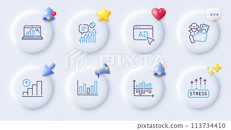 Graph chart, Column chart and Kpi line icons. Buttons with 3d bell, chat speech, cursor. Pack of Fraud, Stress grows, Ad icon. Graph laptop pictogram. For web app, printing. Vector 113734410