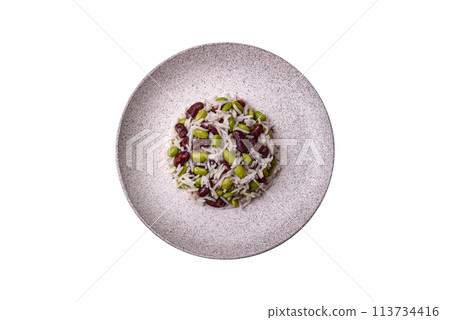 Delicious white cooked rice with green edamame beans with salt and spices Delicious white cooked rice with green edamame beans with salt and spices 113734416