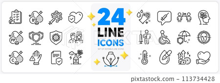 Icons set of Umbrella, Volunteer and Shields line icons pack for app with Checklist, Thermometer, Life insurance thin outline icon. Doctor, Cobalamin vitamin, Insurance policy pictogram. Vector 113734428