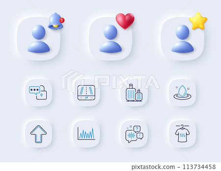 Voicemail, Baggage and Lock line icons. Placeholder with 3d bell, star, heart. Pack of Gps, Line graph, Dry t-shirt icon. Upload, Fuel energy pictogram. For web app, printing. Vector 113734458