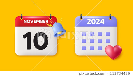 Calendar date 3d icon. 10th day of the month icon. Event schedule date. Meeting appointment time. 10th day of November month. Calendar event reminder date. Vector Calendar date 3d icon. 10th day of the month icon. Event schedule date. Meeting appointment time. 10th day of November month. Calendar event reminder date. Vector 113734459