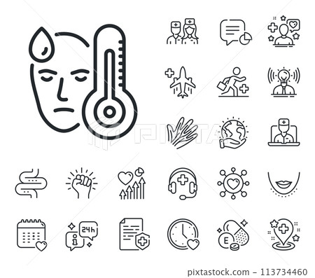 Temperature thermometer sign. Online doctor, patient and medicine outline icons. Sick man with fever line icon. Flu illness symbol. Fever line sign. Veins, nerves and cosmetic procedure icon. Vector 113734460