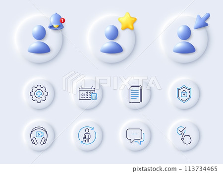 Shield, Checkbox and Replacement line icons. Placeholder with 3d cursor, bell, star. Pack of Medicine, Copy files, Message icon. Headphones, Calendar pictogram. For web app, printing. Vector Shield, Checkbox and Replacement line icons. Placeholder with 3d cursor, bell, star. Pack of Medicine, Copy files, Message icon. Headphones, Calendar pictogram. For web app, printing. Vector 113734465