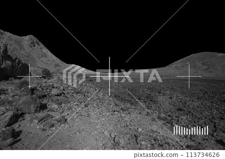 Black Lunar planet with rocky hills, mountains and sand. Moon. Black Lunar planet with rocky hills, mountains and sand. Moon. 113734626