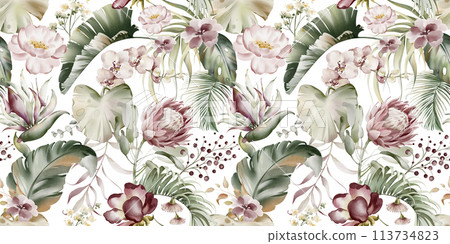 Floral tropical watercolor pattern. Seamless exotic print of Australian flower. Orchid, eucalyptus, protea and rose. Pink flowers and green leaf. Hawaiian design and jungle texture. Floral tropical watercolor pattern. Seamless exotic print of Australian flower. Orchid, eucalyptus, protea and rose. Pink flowers and green leaf. Hawaiian design and jungle texture. 113734823