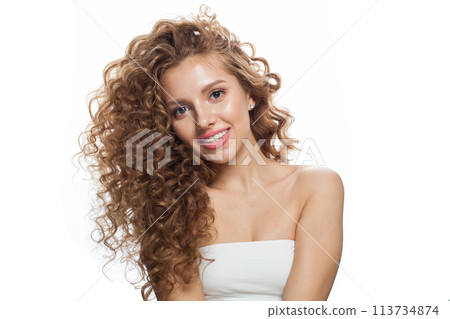 Positive female model beauty portrait. Natural beauty woman with long hair Positive female model beauty portrait. Natural beauty woman with long hair 113734874