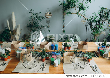 florarium masterclass. DIY florarium. Home gardening hobby. Top view of work place succulents colorful moss in glass vases, tweezers, tools and soil on wooden surface. 113734909