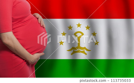 Tajikistani pregnant woman belly on flag of Tajikistan background Tajikistani pregnant woman belly on flag of Tajikistan background 113735033