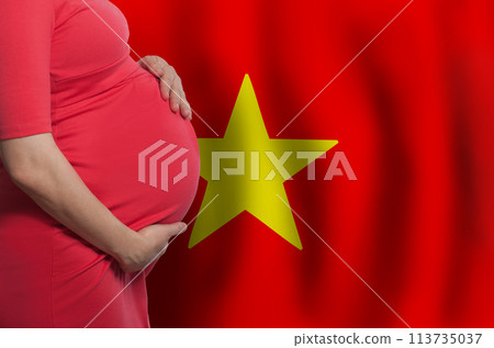 Pregnant woman belly on Vietnamese flag background 113735037