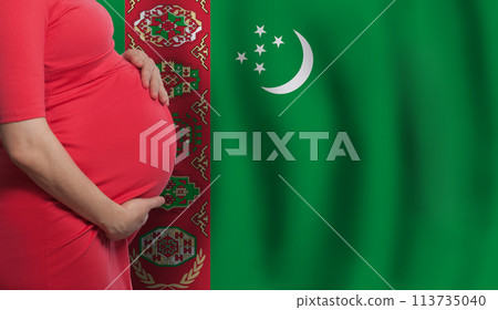 Turkmen pregnant woman belly on flag of Turkmenistan background Turkmen pregnant woman belly on flag of Turkmenistan background 113735040