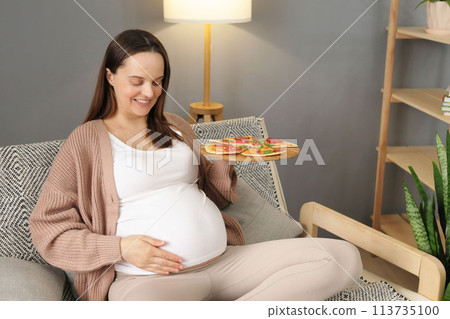 Pretty young woman sitting on sofa holding plate with pizza smiling happily touching her belly enjoying unhealthy snack posing in cozy living room with unhealthy dinner 113735100