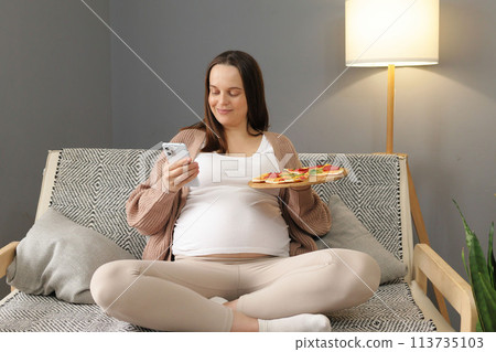 Pretty young woman sitting on sofa holding plate with pizza smiling using smartphone browsing internet web pages enjoying unhealthy snack posing in cozy living room with unhealthy dinner Pretty young woman sitting on sofa holding plate with pizza smiling using smartphone browsing internet web pages enjoying unhealthy snack posing in cozy living room with unhealthy dinner 113735103