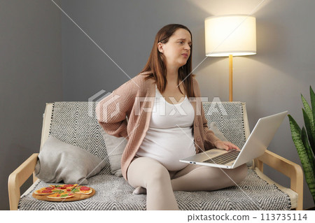 Sad sick tired pregnant businesswoman professional sitting on sofa having backpain while working online on laptop grimacing from pain sits on uncomfortable pose touching painful back Sad sick tired pregnant businesswoman professional sitting on sofa having backpain while working online on laptop grimacing from pain sits on uncomfortable pose touching painful back 113735114