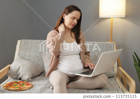 Exhausted pregnant businesswoman professional sitting on couch having neck pain while working online on laptop grimacing from pain sits on uncomfortable pose massaging Exhausted pregnant businesswoman professional sitting on couch having neck pain while working online on laptop grimacing from pain sits on uncomfortable pose massaging 113735115