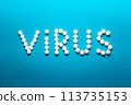 warning word virus laid out from small white flat tablets against blue color background top view 113735153
