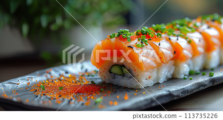 Enticing Sushi Rolls with Luscious Salmon and Shiny Roe for Epicurean Pleasure 113735226