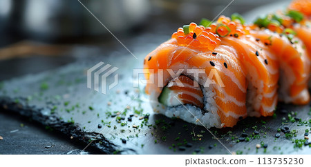 Enticing Sushi Rolls with Luscious Salmon and Shiny Roe for Epicurean Pleasure Enticing Sushi Rolls with Luscious Salmon and Shiny Roe for Epicurean Pleasure 113735230