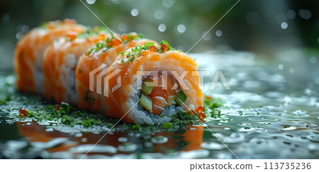 Enticing Sushi Rolls with Luscious Salmon and Shiny Roe for Epicurean Pleasure 113735236