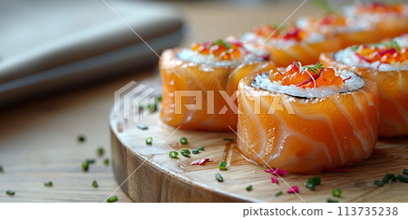 Enticing Sushi Rolls with Luscious Salmon and Shiny Roe for Epicurean Pleasure 113735238