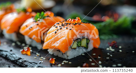 Enticing Sushi Rolls with Luscious Salmon and Shiny Roe for Epicurean Pleasure Enticing Sushi Rolls with Luscious Salmon and Shiny Roe for Epicurean Pleasure 113735240
