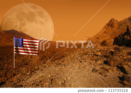 Desert planet with arid landscape background with USA flag. Elements of this image furnished by NASA Desert planet with arid landscape background with USA flag. Elements of this image furnished by NASA 113735328